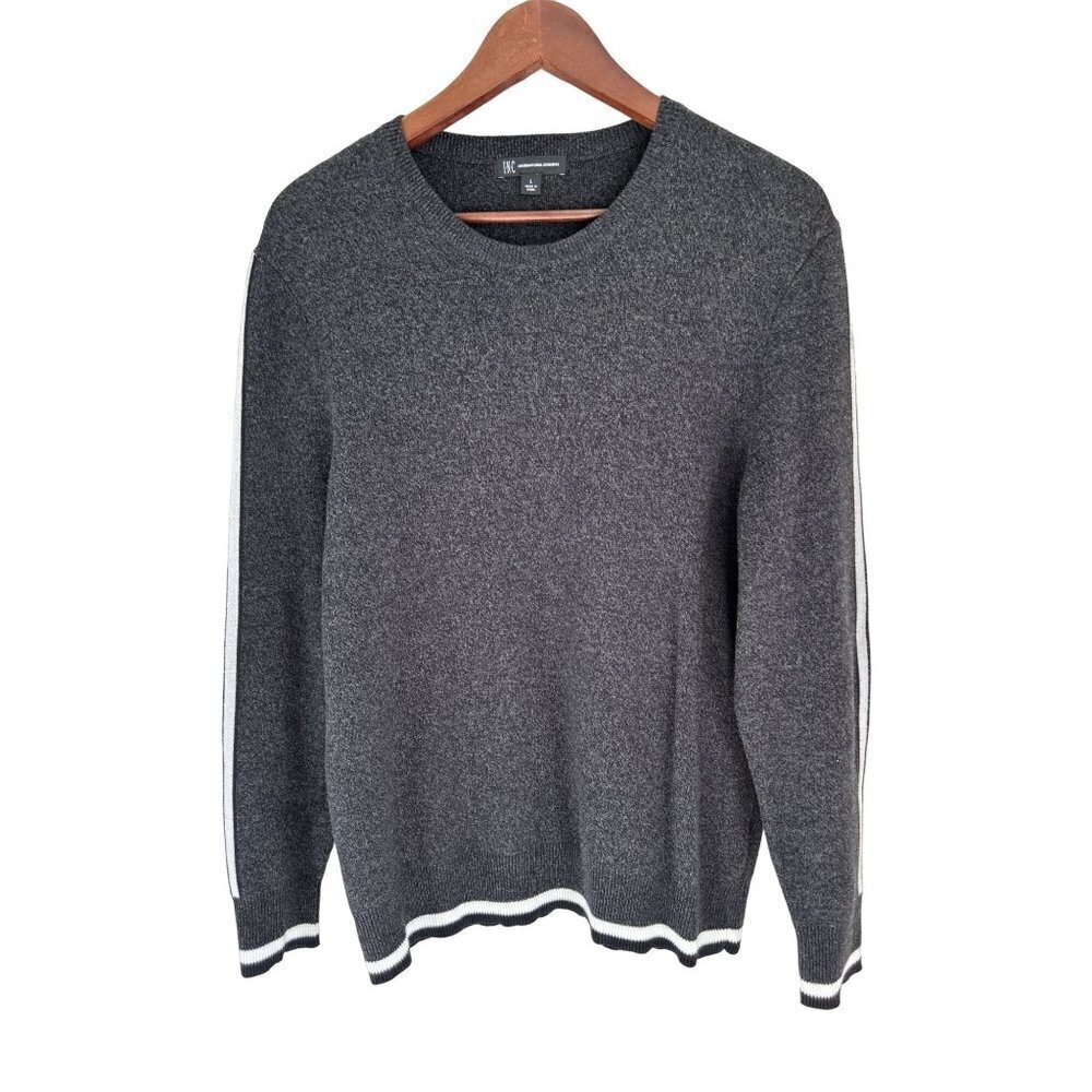 INC International Concepts Sweater Crewneck Gray White Stripe